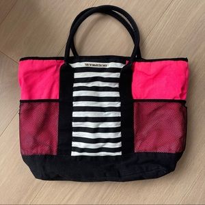 Victorias’s Secret pink, white, & black striped tote with mesh pockets